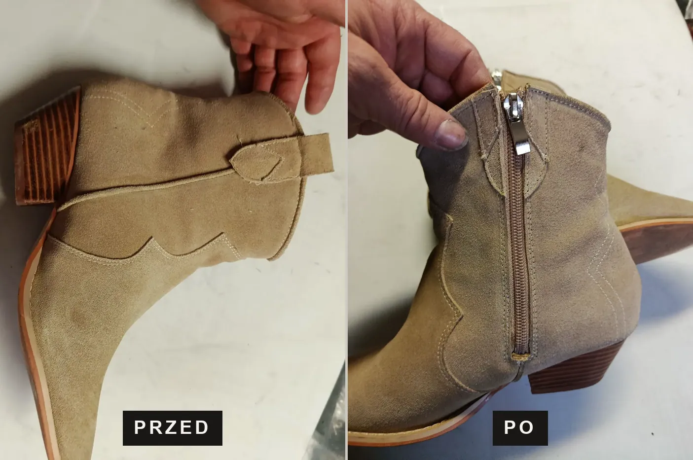 Botki zamszowe przed i po wszyciu zamka