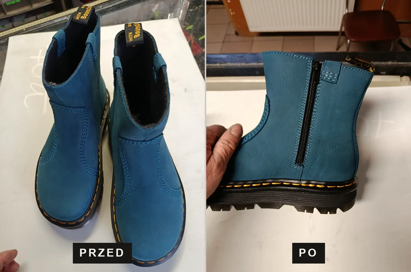 Niebieskie glany Dr. Martens przed i po wszyciu zamka błyskawicznego