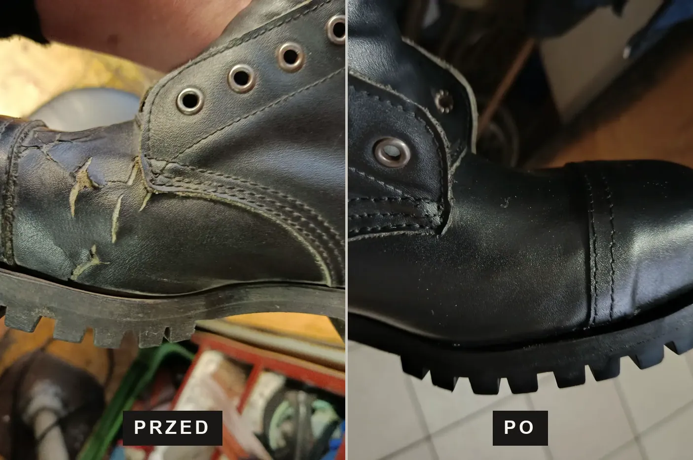 Glany ze stalowym podnoskiem — pęknięta skóra na zgięciu i ta sama para po odbudowie