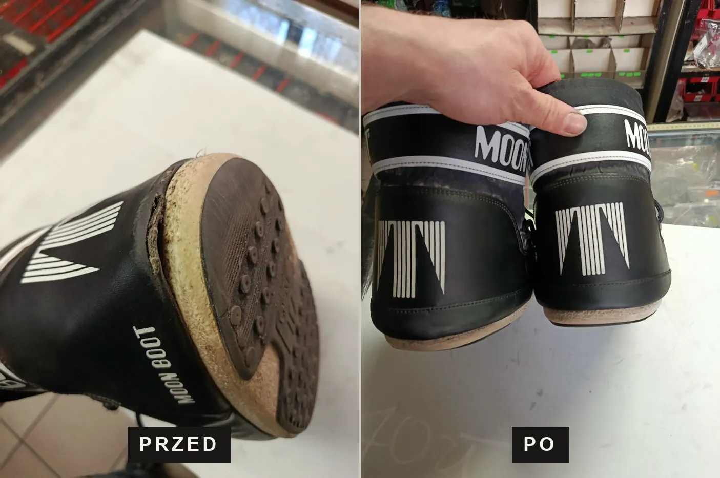 Moon Booty z rozsypaną pianką spodu i ta sama para z nowym spodem