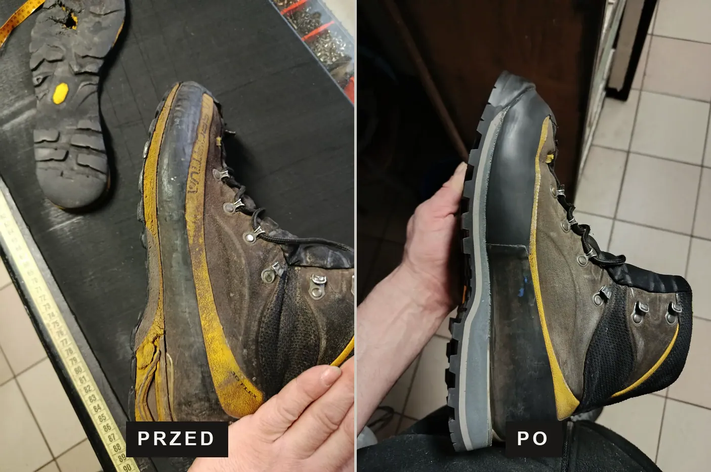 Buty trekkingowe Scarpa — przed i po wymianie podeszwy na Vibram