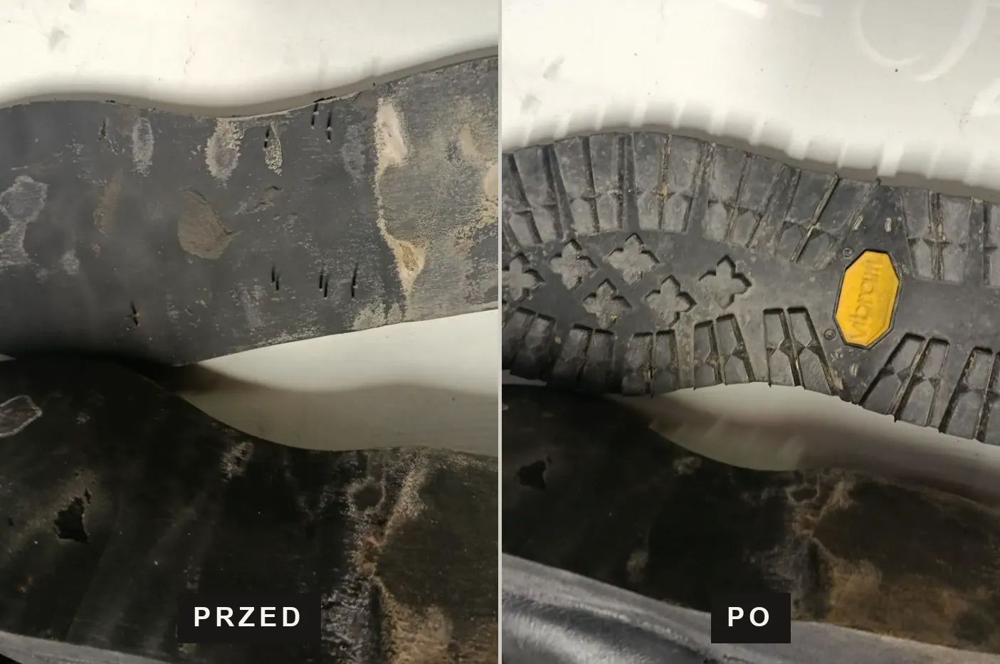 Starty spód buta i nowa podeszwa Vibram założona na jego miejsce